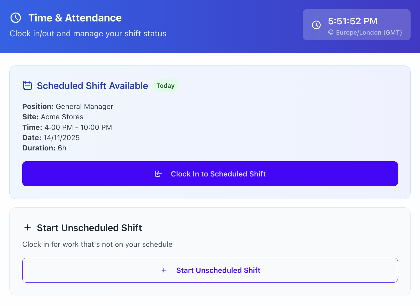 Free GPS time clock interface showing employee clock in and clock out features for accurate time tracking
